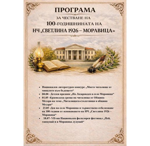НЧ "Светлина 1926” - с. Моравица обявява Национален литературен конкурс на тема "Моето читалище от миналото към бъдещето" 