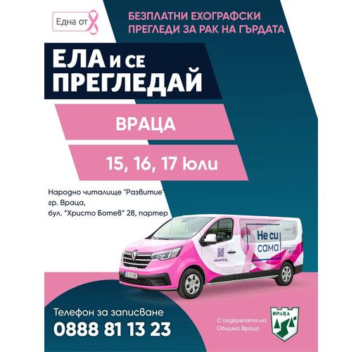 Безплатни ехографски прегледи на гърди във Враца с програмата „Ела и се прегледай“ на фондация „Нана Гладуиш – Една от 8“