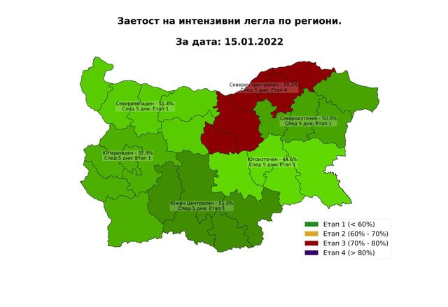 Заетост на интензивни легла по региони