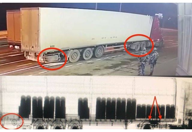 Стопкадър от видеото с проверката на камиона и рентенова снимка от клетката със скенера