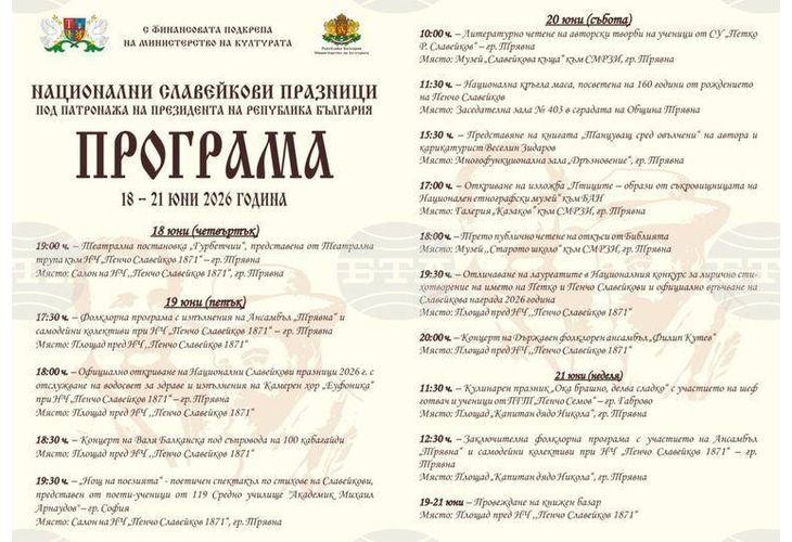 Националните Славейкови празници в Трявна ще се проведат от 18 до 21 юни