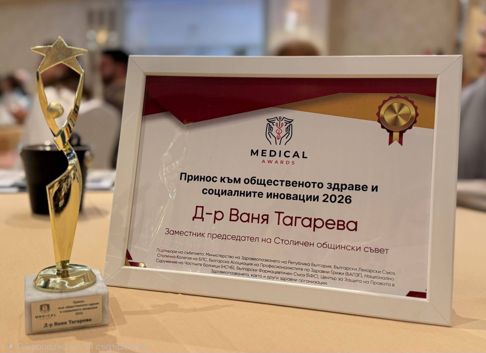 Д-р Ваня Тагарева е първият политик с отличие на Medical Award