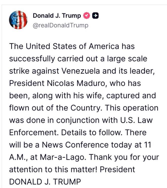  Доналд Тръмп разгласи, че Николас Мадуро и брачната половинка му са хванати и изведени от страната 